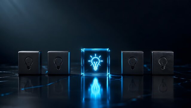 Bright Glowing Lightbulb Cube Standing Out in the Dark for Creative Idea and Innovation Concept