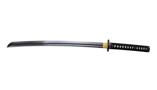 A single, elegant samurai sword with a traditional curved blade and polished metal surface, featuring a detailed hilt with diamond pattern wrapping, isolated on transparent background.