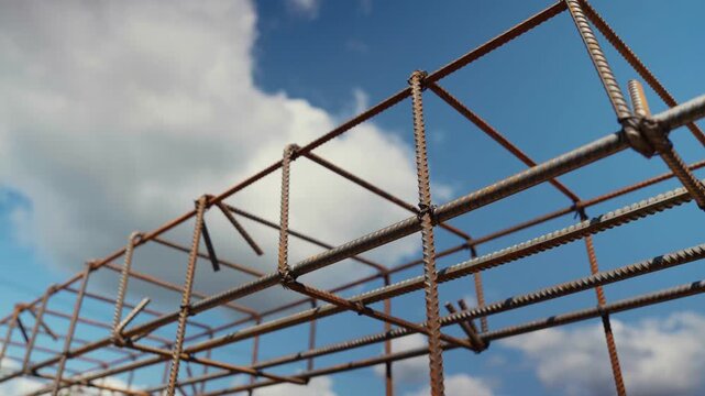 Low angle view of a rusty reinforcing steel bar structure for concrete foundation work on a construction site, with a beautiful blue sky and white clouds moving in the background