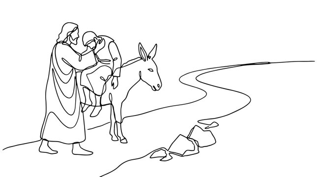 Good Samaritan lifting injured traveler onto donkey. Biblical parable continuous line art vector illustration