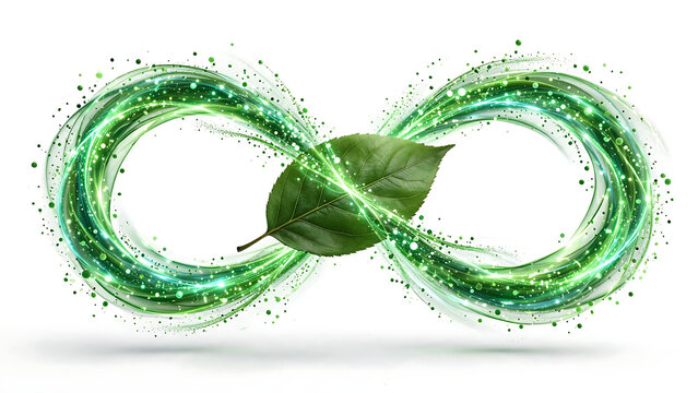 Green energy infinity symbol with leaf. Sustainable eco concept with flowing water splash.