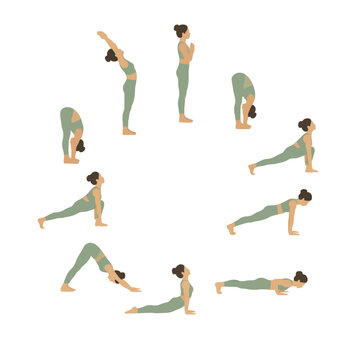 Hand-traced vector illustration of a woman performing a sun salutation yoga sequence with nine flowing poses in soft sage green attire on white background