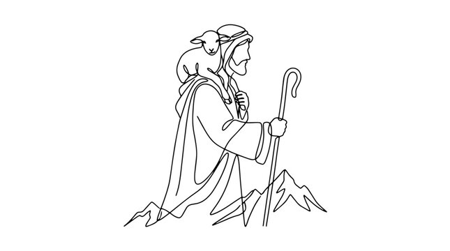 Continuous one line drawing of shepherd carrying lost lamb on shoulders. Biblical parable vector illustration. Isolated on white background