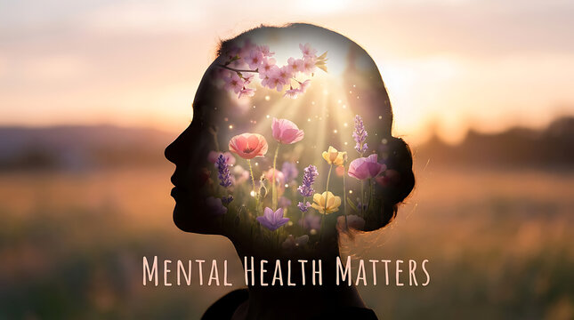 Mental health awareness concept. Silhouette of a woman with blooming flowers in her mind.
