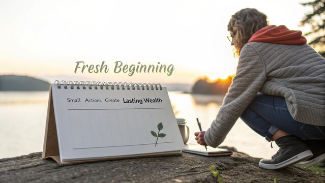 Woman Writing in Journal by Lake During Beautiful Sunrise