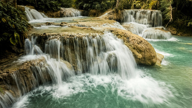 Kuang Si Waterfall cascade in Luang Prabang, Laos