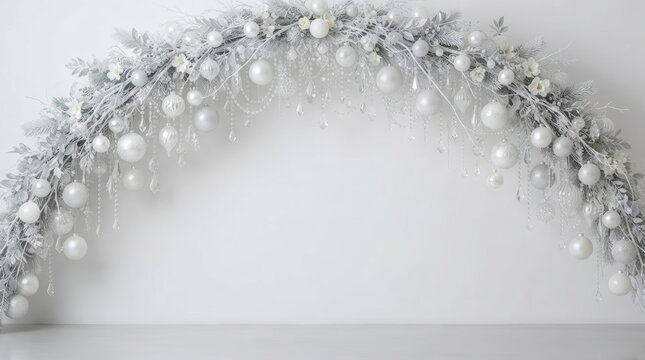 Elegant Silver Tinsel Garland with White Baubles on Wall.