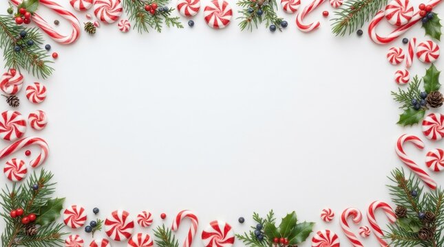 Festive Christmas Candy Cane Frame with Pine Branches.