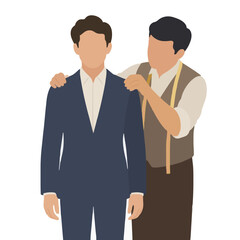 Obraz premium Tailor adjusting suit jacket shoulders on a male client in a flat isometric hand-drawn vector illustration, blue suit, beige shirt, brown apron, professional fitting concept