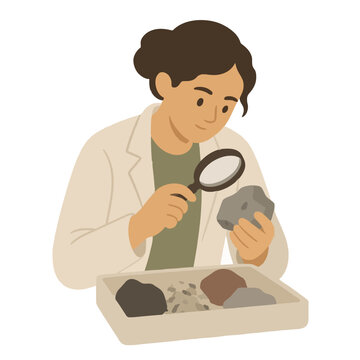 Hand-traced vector icon of female researcher scientist examining rock samples with magnifying glass, wearing white lab coat, studying geological specimens in tray, flat illustration