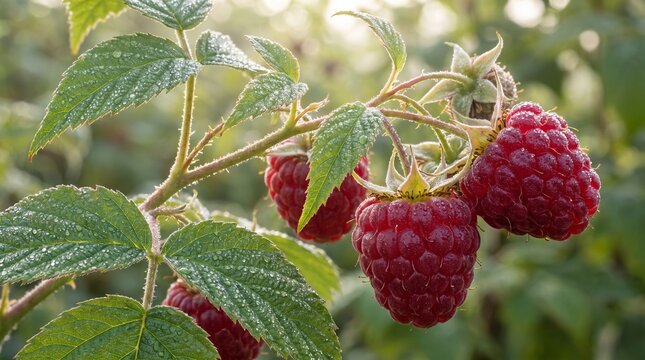 Ripe raspberries growing on branch in summer garden
