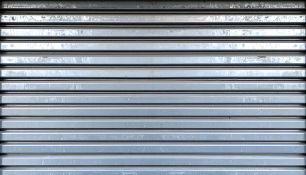 Metal shutter door background featuring horizontal grey industrial panels with a weathered metallic texture and clean symmetrical parallel line patterns
