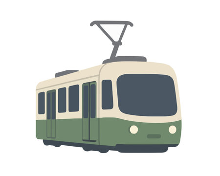 Hand-drawn vector illustration of a vintage cream and green tram with pantograph gliding through an urban city street scene in flat cartoon style for transit designs