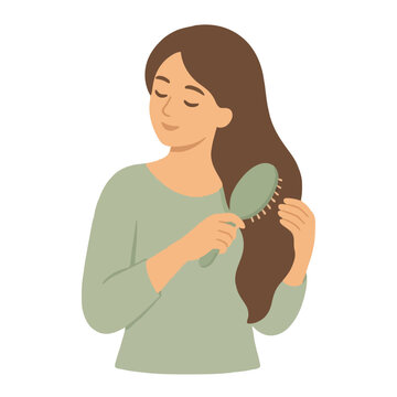 Flat vector illustration of a calm young woman with closed eyes gently brushing her long flowing brown hair, wearing a soft sage green sweater, hand-traced minimalist icon style, beauty and self-care
