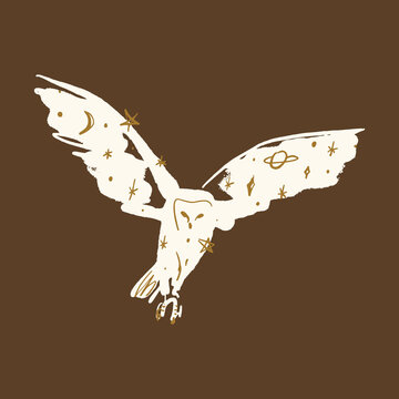 Hand drawn mystical arctic owl minimalistic vector sketch featuring celestial stars space elements magic bohemian vibe line art illustration