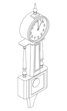 Antique banjo clock - hand drawn isometric black and white vector illustration.