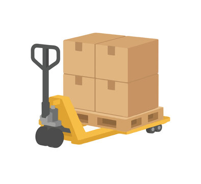 Hand-traced vector icon of a yellow pallet jack hauling stacked brown cardboard shipping cartons on a wooden pallet, isometric logistics illustration for warehouse and freight themes