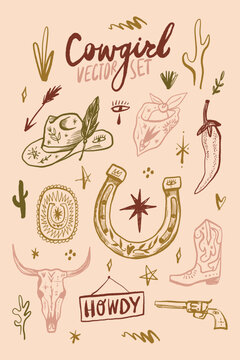 Western cowgirl doodles vector clipart icon set, bundle with horseshoe, hat, boot, bull skull, chili pepper, gun, cacti, celestial moonchild mystical logo and labels elements artisanal grunge brush