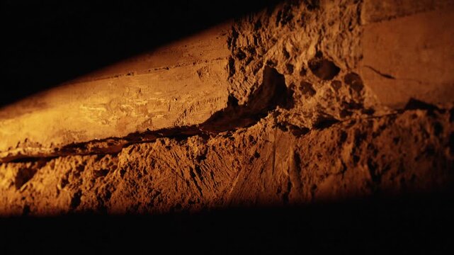 Extreme close up shot revealing the rough and detailed texture of an ancient fossilized bone, with warm light moving slowly across its porous and fractured surface against a dark background