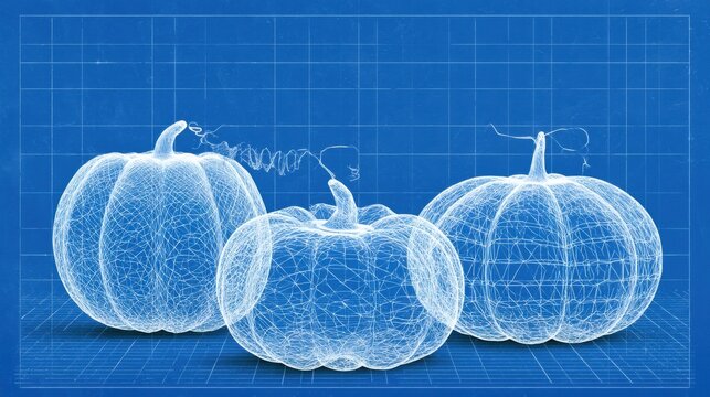 Three pumpkin outlines are displayed in white line art on a blue background, representing a harvest diagram in a minimal style