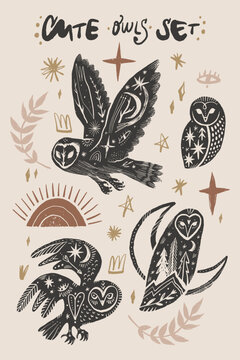 Funny cartoon doodle artisanal handmade kids fairytale style rustic scandinavian cute owls set with celestial magic stars, crescent moon, sun and branch decor elements. Mystical vector hand drawn bund
