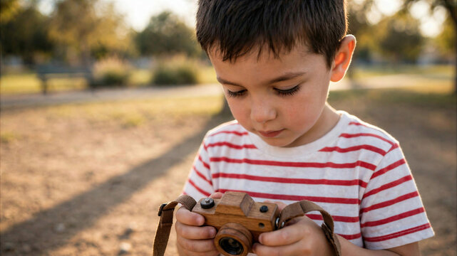 Young boy playing with a wooden toy camera outdoors during golden hour sunset