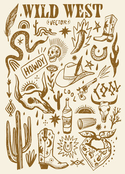 Wild west vintage textured grunge hand drawn bundle, clipart set with cowboy hat, boot, bull skull, snake, horseshoe, cactus, apparel accessory and celestial moonchild elements