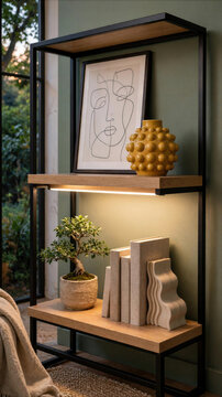 Modern bookshelf with integrated LED lighting, decorative yellow textured vase, abstract line art, bonsai tree and minimalist bookends in a cozy home interior