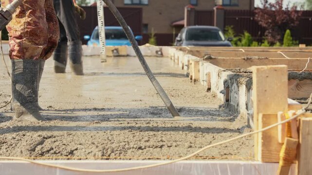 Construction site workers pouring a concrete slab foundation for a new house. A builder is using a concrete vibrator and other professional equipment to compact and level the wet cement