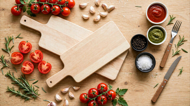 Wooden cutting boards on table with fresh ingredients, spices, and sauces. Top view of food preparation background with copy space.
