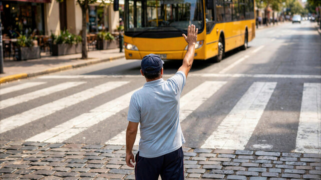 Man signaling a yellow bus to stop at a pedestrian crossing in a city street