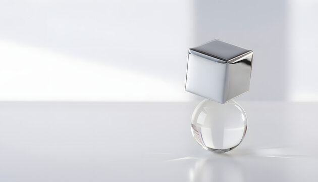Minimalist conceptual studio photography featuring a shiny metallic chrome cube delicately balanced atop a clear glass sphere on a white background with soft lighting


