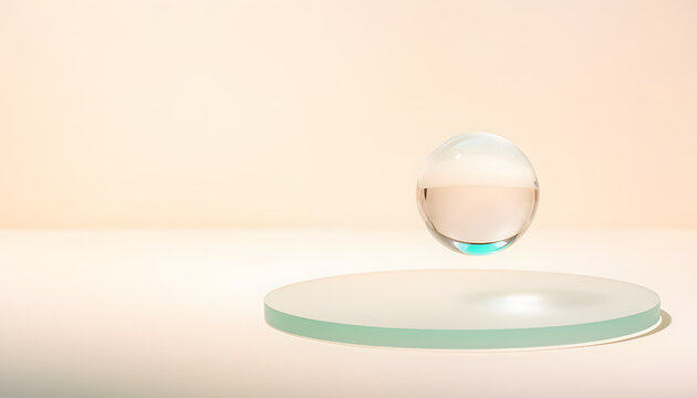 Title: Minimalist Glass Sphere Floating Above Circular Pedestal for Premium Product Display and Abstract Creative Concept Presentation

