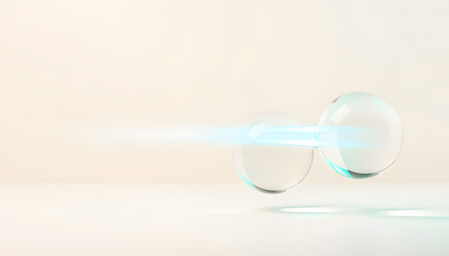 Luxury minimalist digital communication concept with two floating crystal clear glass spheres and blue light beam

