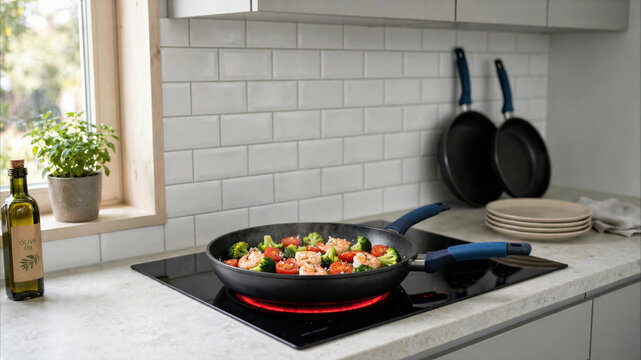 Healthy shrimp and vegetable stir-fry cooking in a non-stick pan on an induction stove in a bright modern kitchen