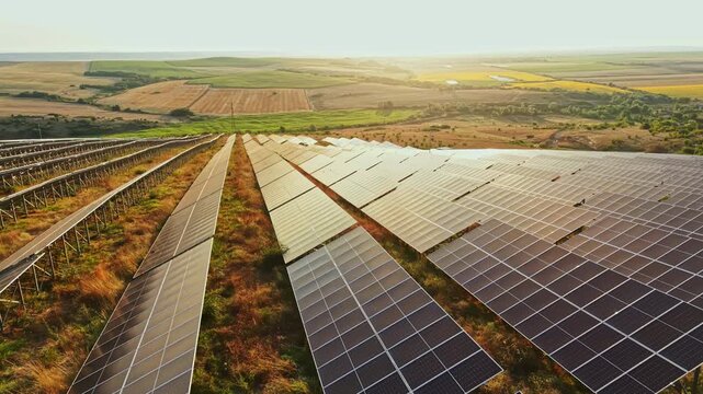 Rows of solar panels stretch across the land. The sun is setting, casting warm light over the solar farm. Green fields and hills are visible in the background.