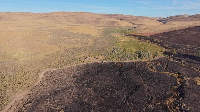 Drone overflight approaching an abandoned line shack at Rush Creek, Lassen County, California, where firefighting stopped the Biscar Fire before reaching the historic structure. 