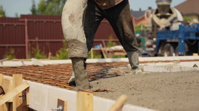 Unidentifiable builder using a concrete pump hose to pour wet cement into a formwork with reinforcing steel rebar for a new residential building foundation at a construction site