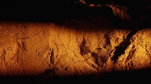 Macro view of a tiny landslide occurring on a steep sand or dirt cliff, with particles and dust avalanching downward in slow motion, illuminated by a warm, dramatic light against a dark background
