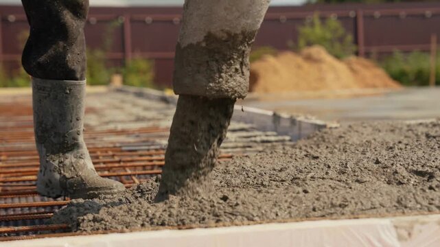 Close up of a concrete pump hose pouring liquid cement mix into a formwork with reinforcing steel rebar for a new building foundation, creating a solid slab at an industrial construction site