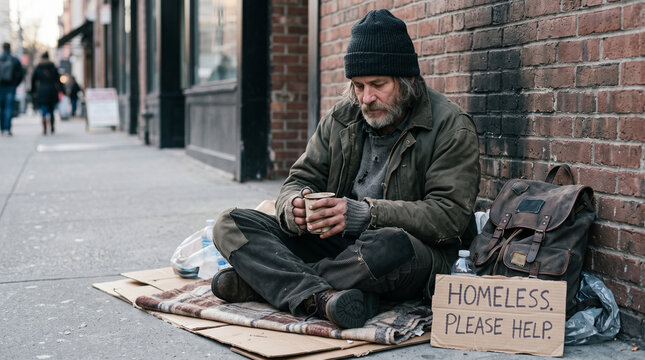 Old homeless man wearing sweater and blanket sleeping on cardboard seeking help because hungry and food beggar from people walking pass on street. Poor man homeless and depression concept
