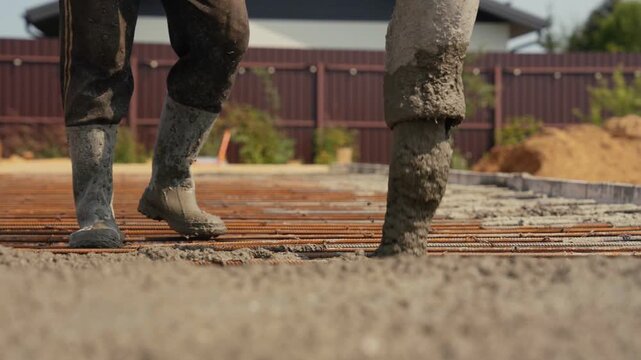 Construction worker in rubber boots using a concrete pump hose to pour wet cement mixture over a rebar grid, creating a solid foundation for a new building in a construction site
