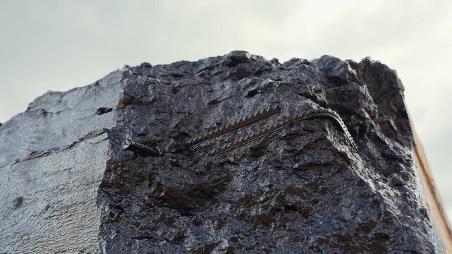 Dark, wet surface of a broken concrete slab with steel reinforcement bars protruding from the damaged corner against a cloudy sky, representing destruction and urban decay
