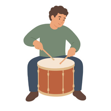 Cheerful hand-drawn vector illustration of a young man playing a large orange marching drum with wooden sticks, seated and focused, isolated on a white background, flat design style