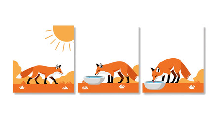 Fototapeta premium Red Fox Drinking Water from a Bowl Vector Illustration Set
