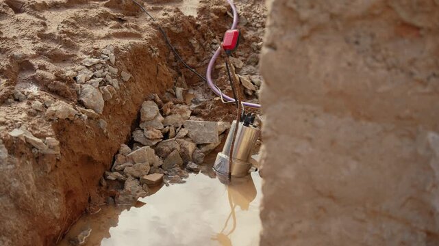 Powerful submersible pump efficiently removing floodwater from a freshly dug trench at a construction site, ensuring a dry and safe working environment for ongoing excavation and building tasks