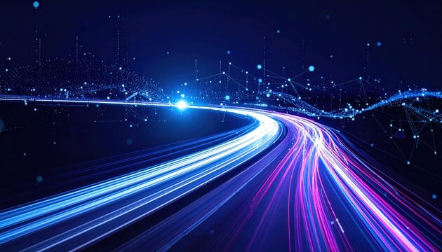 Vibrant Blue and Magenta Light Trails Curving Through Futuristic Digital Network