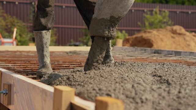 Construction worker guiding a concrete pump hose to pour wet cement mixture over a steel rebar mesh, creating a reinforced slab for a building foundation at a sunny construction site