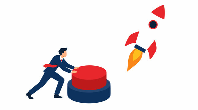 Businessman pushing giant red launch button with rocket soaring upward, startup launch and new business venture concept, vector illustration, flat cartoon style, isolated on white background
