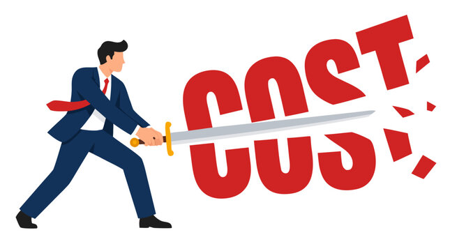 Businessman slicing through the word COST with a giant sword, bold flat color vector illustration, cost cutting concept, clean white background, red and navy blue palette